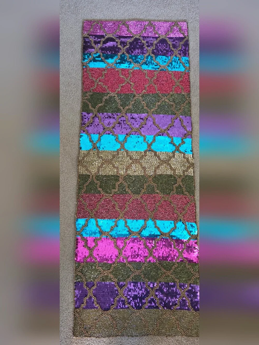 Vintage Pier 1 Imports Beaded & Sequined Table Runner 36X13 Vibrant Color block